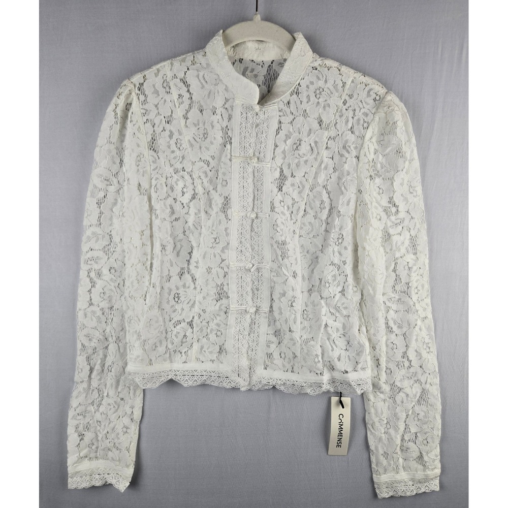 Commense White Floral Lace Mandarin Collar Frog Button Jacket Top Womens XS NWT